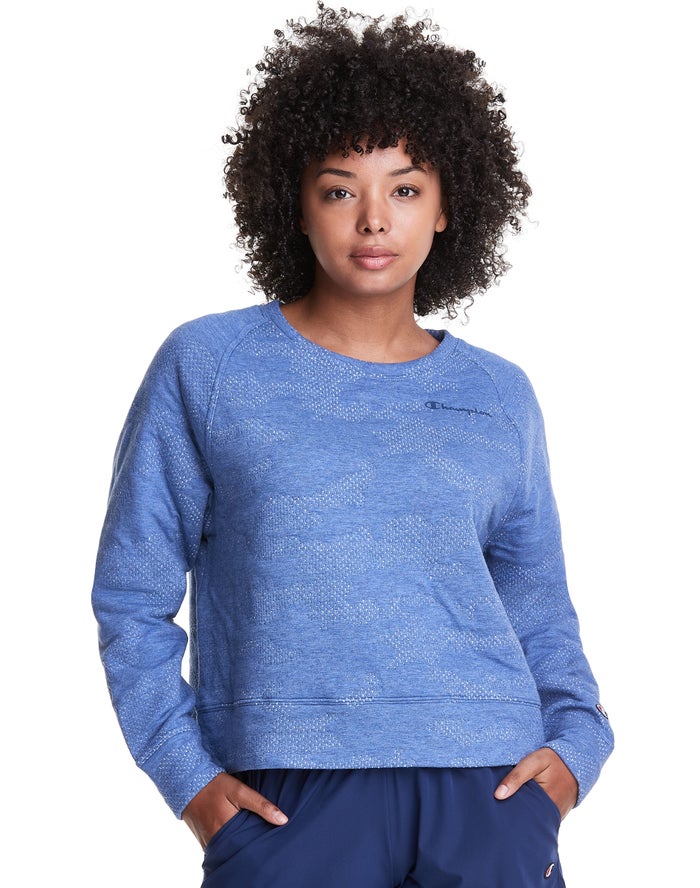 Champion Womens Sweatshirt NZ - Soft Touch Double Knit Camo Crew Blue ( 3625-HTXPG )